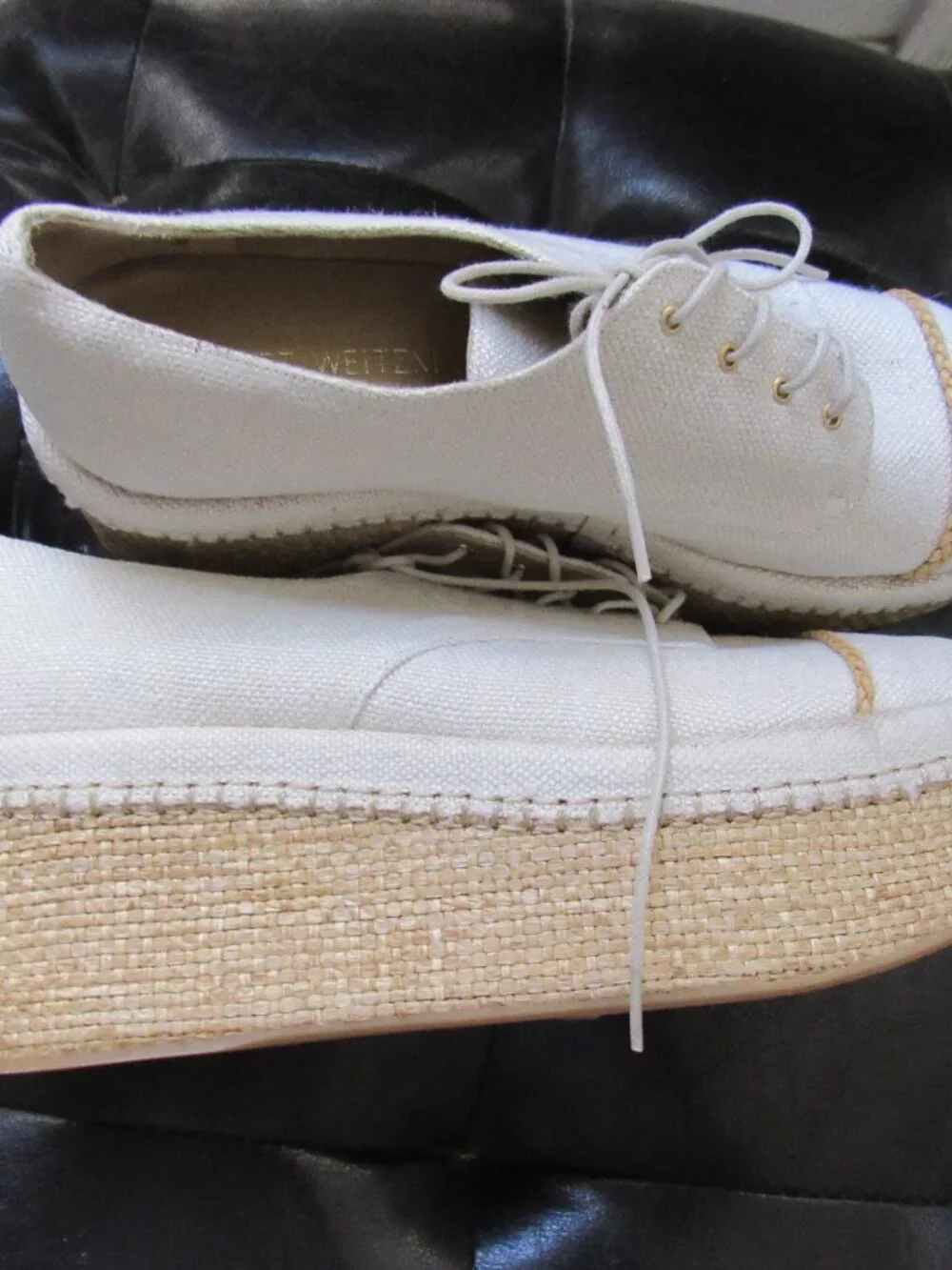 STUART WEITZMAN Mantra Ivory Linen Lace Up Oxford Platform Espadrilles Sz 7.5